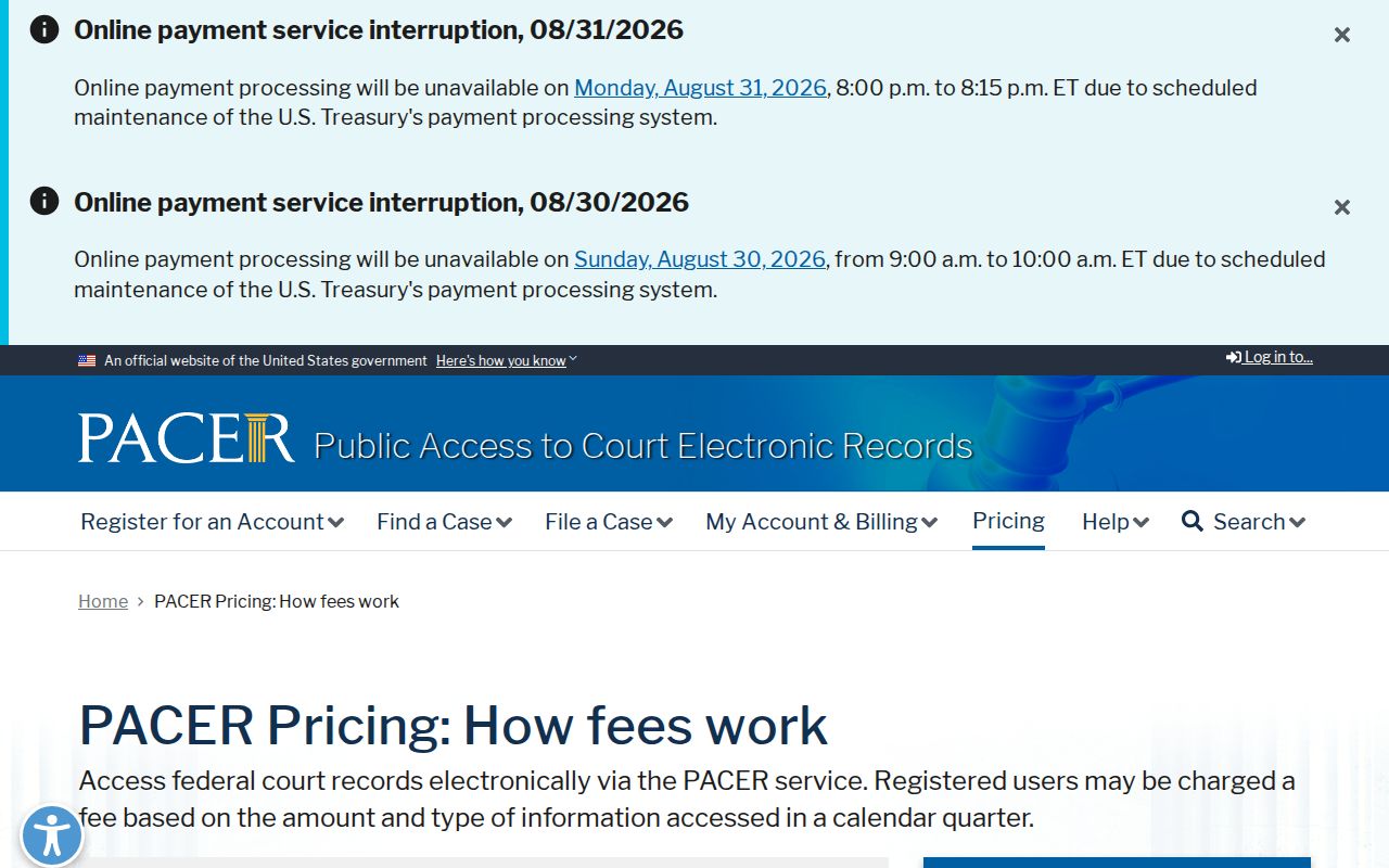 Crawford County criminal court docket PACER pricing information